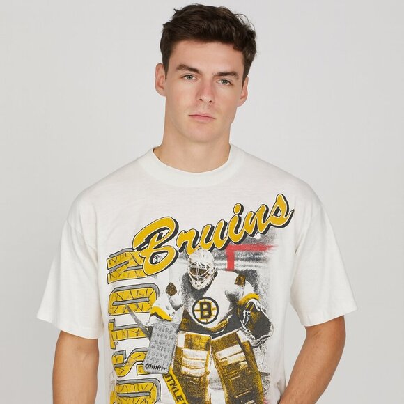 Vintage Boston Bruins NHL Hockey Goalie Graphic Men's T-Shirt White One Size - Picture 14 of 14